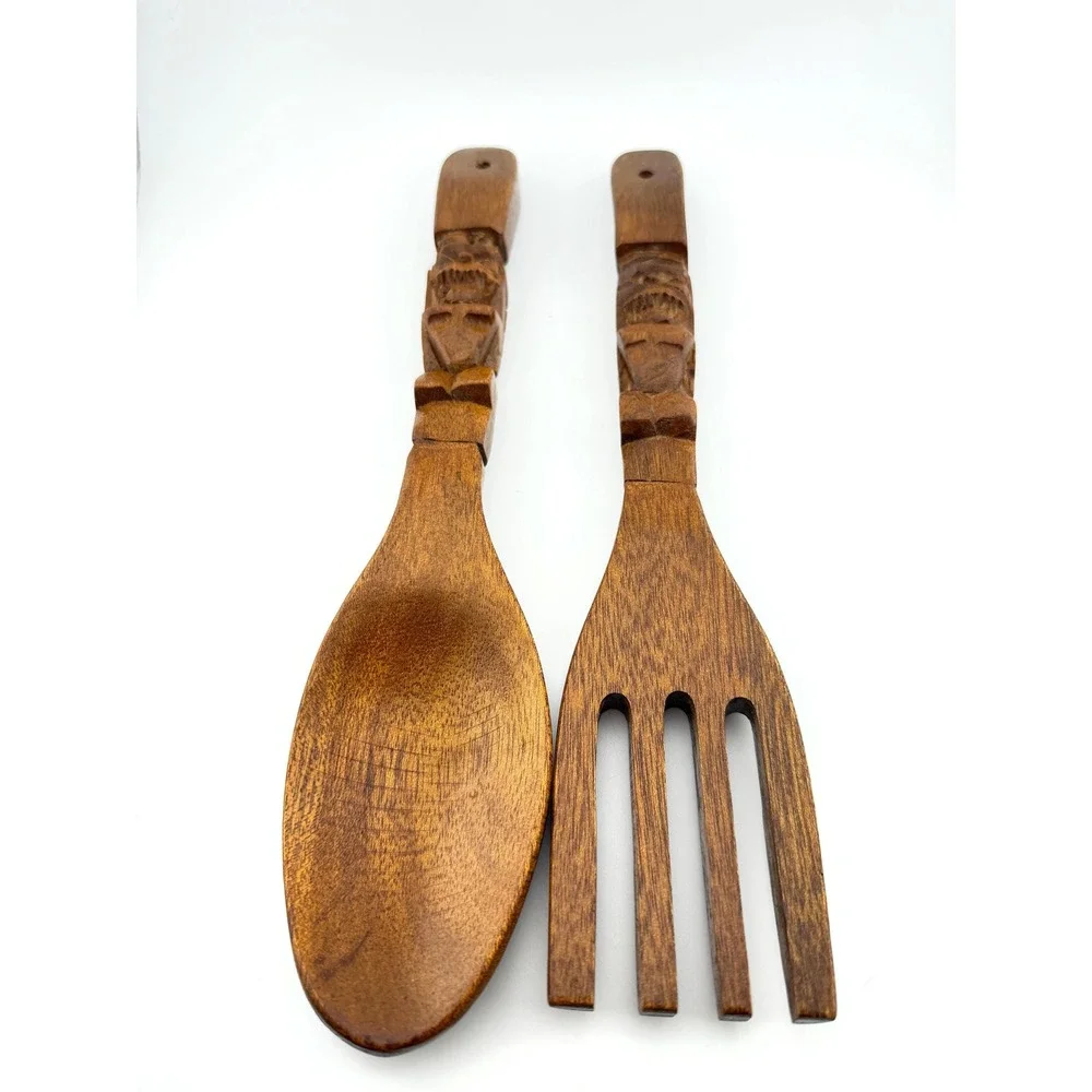Vintage Hand Carved Wooden Tiki Salad Servers 12 Inch Wood Fork Spoon Set MCM